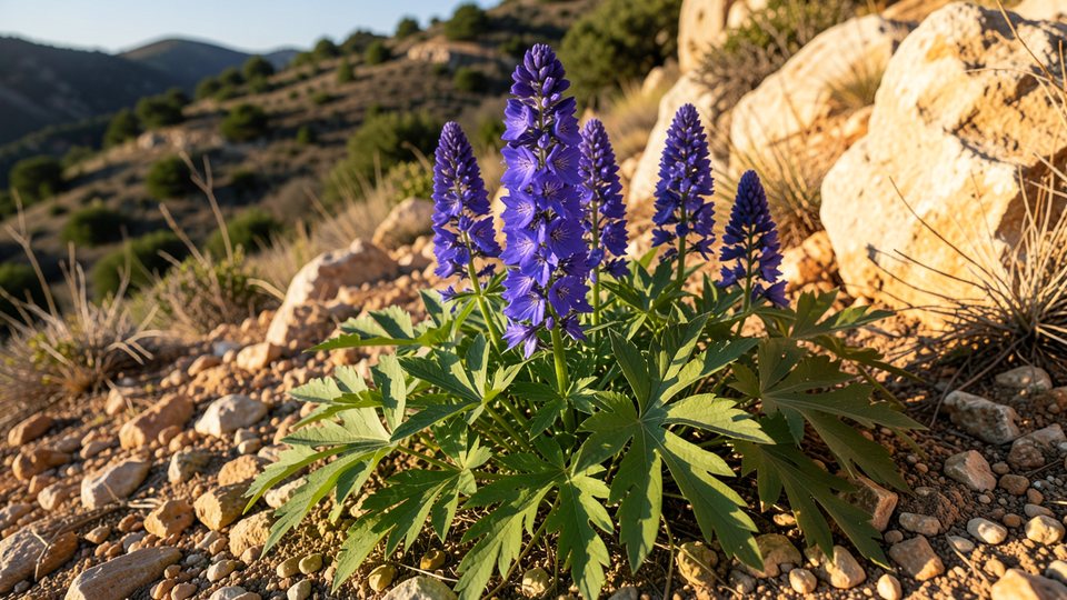 Blühendes Stephanskraut mit tiefblauen, rittersporn-ähnlichen Blüten an einem steinigen Hang im Mittelmeerraum
