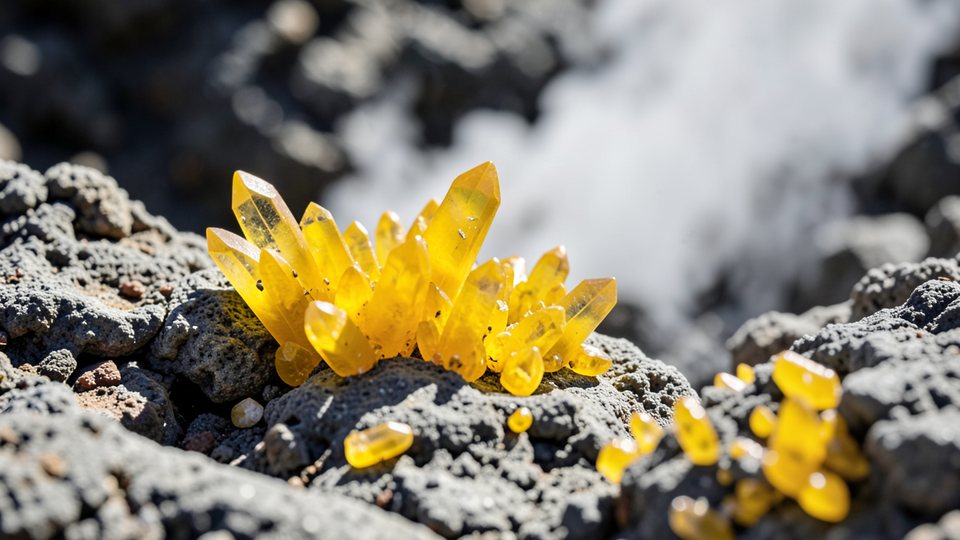 Leuchtend gelbe Schwefelkristalle auf vulkanischem Gestein