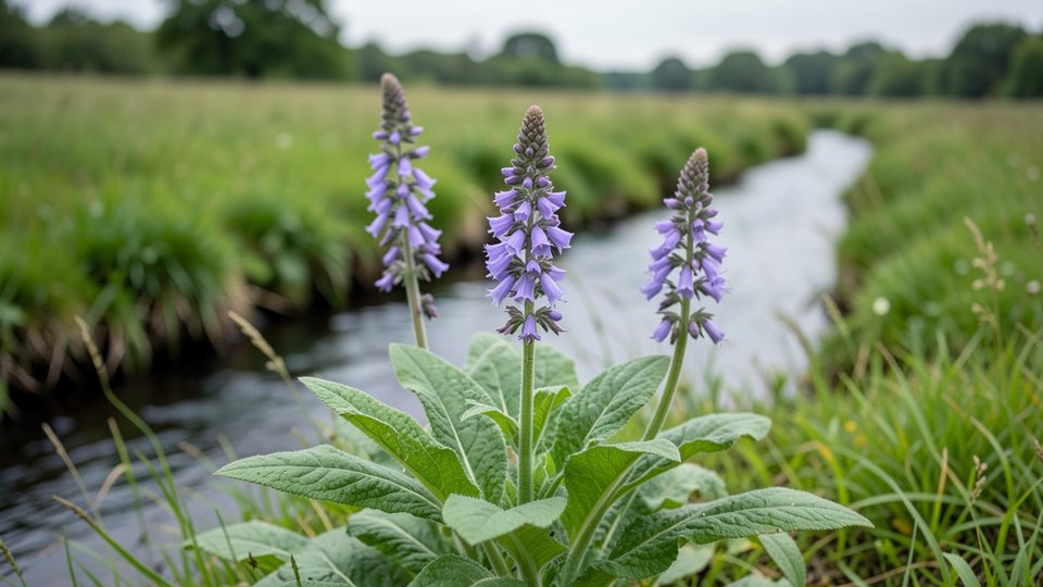 Echter Beinwell mit nickenden, glockenförmigen violetten Blüten und großen, behaarten Blättern an einem Bachufer
