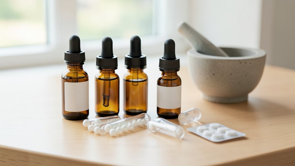Verschiedene homöopathische Mittel auf einem Apothekentresen, braune Fläschchen mit Tropfen, Globuli-Röhrchen und eine Packung Tabletten