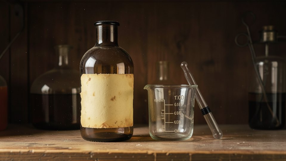 Altes braunes Apothekenfläschchen mit vergilbtem Etikett ohne lesbare Schrift auf einem Holzregal mit Messbechern