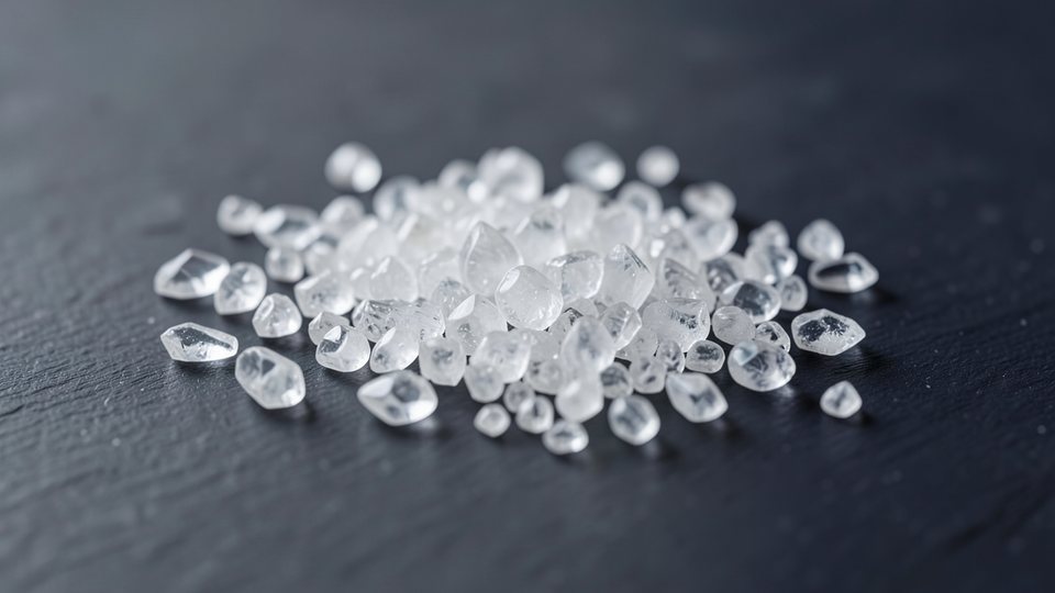 Farblose Kaliumsulfat-Kristalle auf einer dunklen Schieferplatte