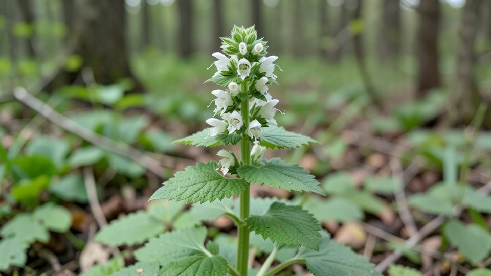 Weiße Taubnessel mit quirlständigen weißen Lippenblüten zwischen brennnesselähnlichen Blättern am Waldrand