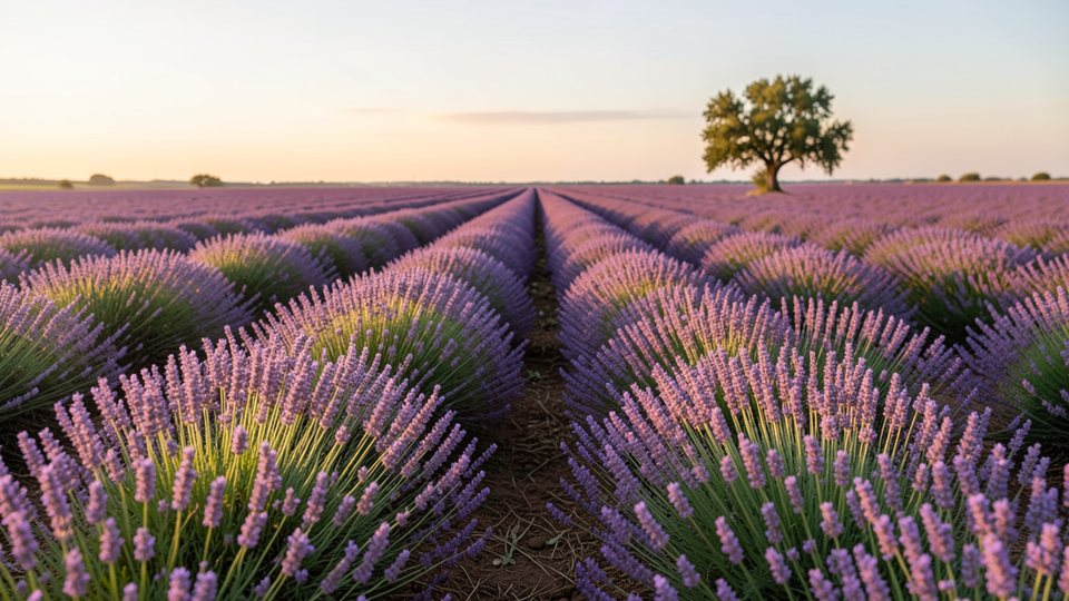 Blühendes Lavendelfeld in der Provence mit violetten Reihen im Abendlicht