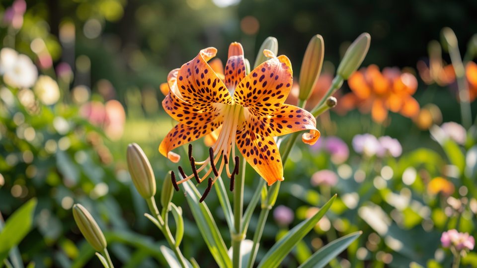 Orangefarbene Tigerlilie mit dunklen Punkten und zurückgebogenen Blütenblättern im Sommergarten