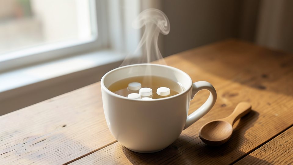 Tasse mit heißem Wasser, in dem sich weiße Tabletten auflösen, daneben ein Holzlöffel auf einem Holztisch
