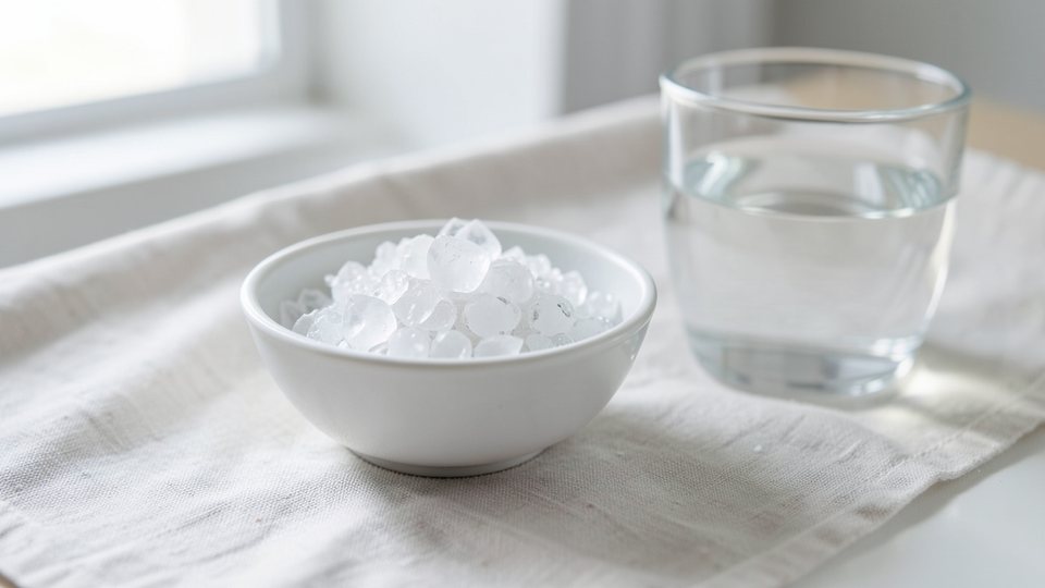 Durchsichtige Glaubersalz-Kristalle in einer kleinen Porzellanschale neben einem Glas Wasser