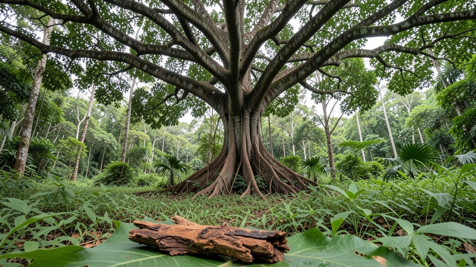 Großer tropischer Baum mit ausladender Krone im westafrikanischen Regenwald, im Vordergrund ein Stück getrocknete Baumrinde