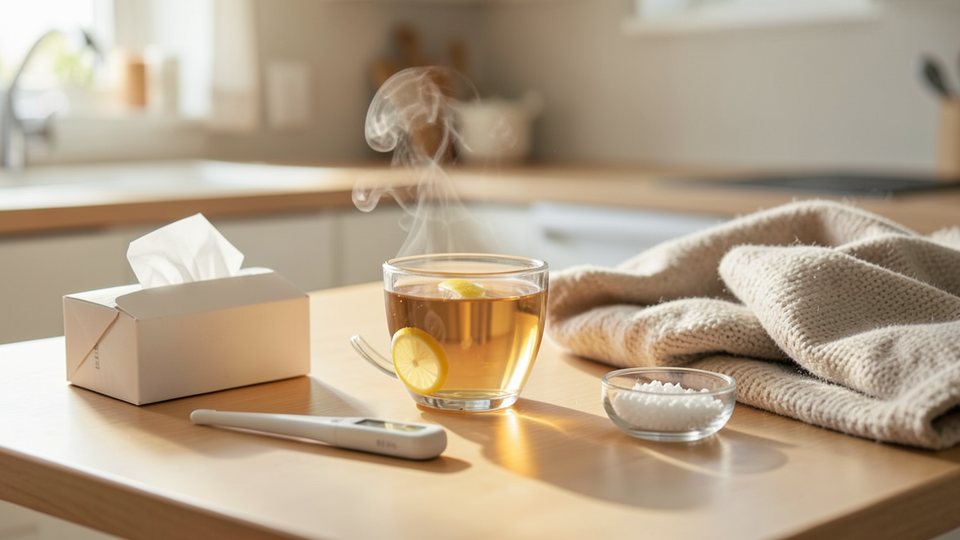 Heller Küchentisch mit Tasse Tee, Zitrone, Taschentuchbox und Thermometer, daneben ein kleines Glas mit weißen Streukügelchen